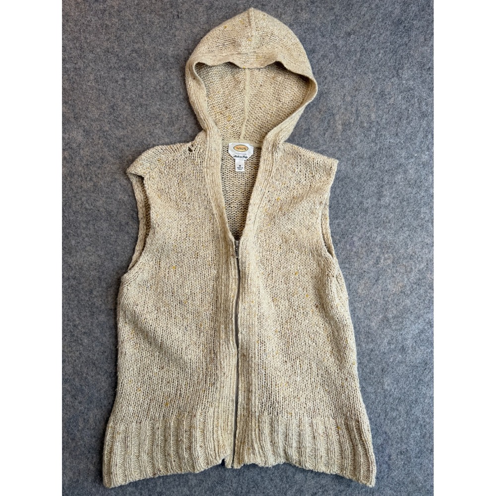 Vintage 90s Granola Wool Hooded Sweater Vest Womens M Cream Chunky Zip Up Cabin